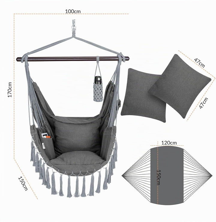 DETEX® Hängesessel bis 150kg Belastbar mit Flaschenhalter Boho Stil Wetterfest Garten 360° Drehbar A
