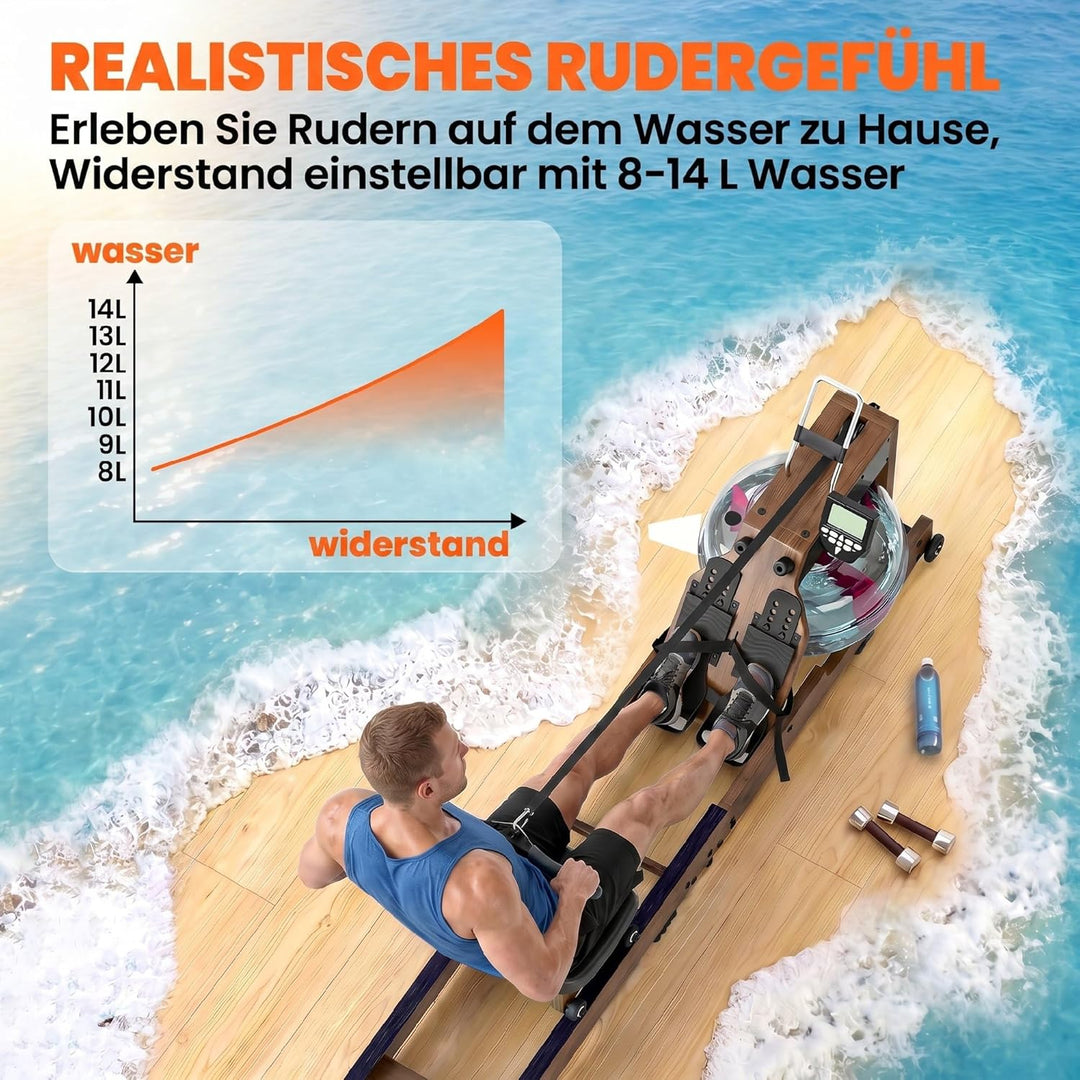 SPORTNOW Wasser Rudergerät für Zuhause aus Gummiholz Klappbar Rudermaschine mit Bluetooth APP Doppel