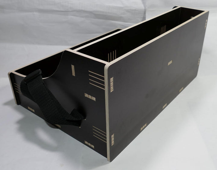 Holz Bauchladen schwarz/braun mit Oberlade 2 Gurte JGA Fete Catering 42 cm x 30 cm mit schwarzem Tra