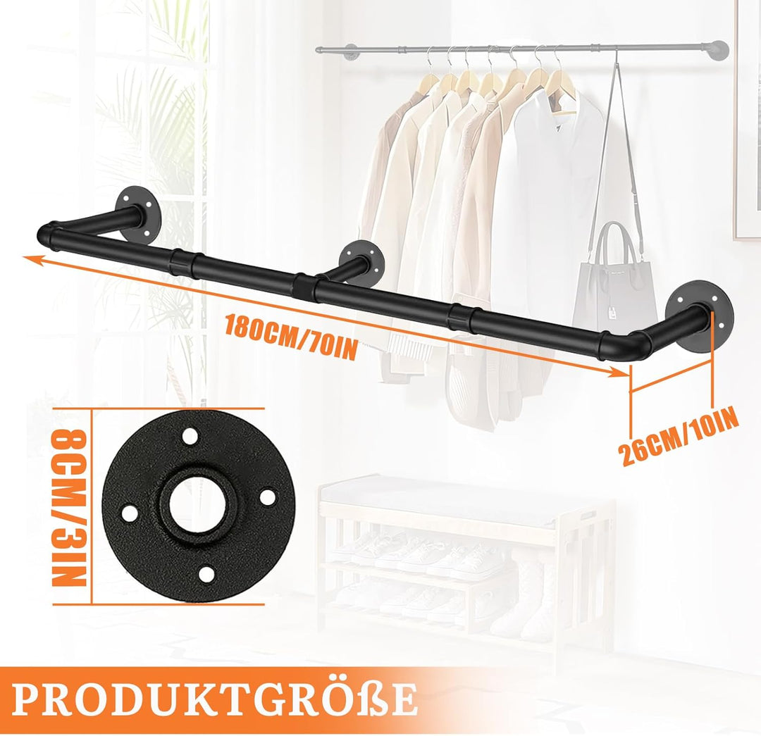 Industrierohr Kleiderstangen, 180cm Kleiderständer Wandmontage, Platzsparend Robuster Abnehmbare Ret