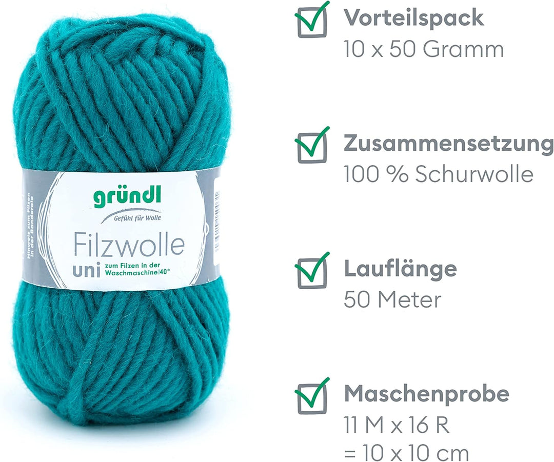 Gründl Filzwolle uni (Wolle zum Filzen, Stricken und Häkeln, Garn aus 100 % Schurwolle, 50 g / 50 m,