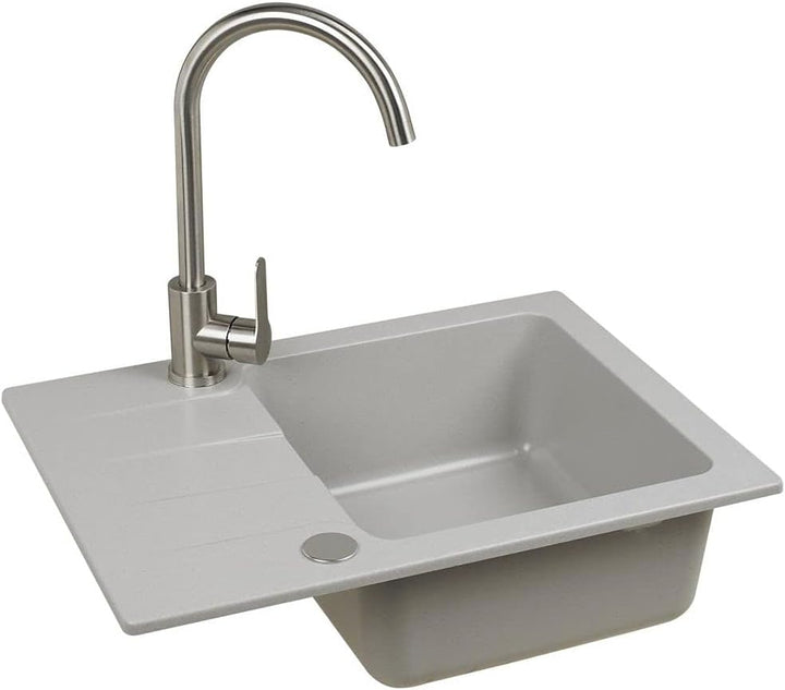 VBChome Spülbecken mit Armatur 60 x 44 cm Einzelbecken Grau Granit Rechteckig Reversibel Einbauspüle