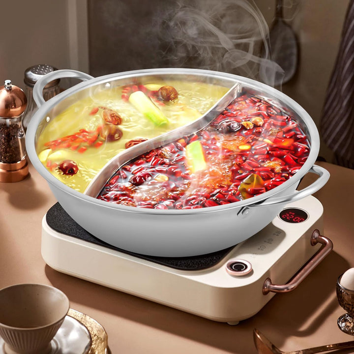 TONFEION Hot Pot Topf Dualer Hotpot heisser Topf Edelstahl mit Glasdeckel und Unterteilungen, Doppel