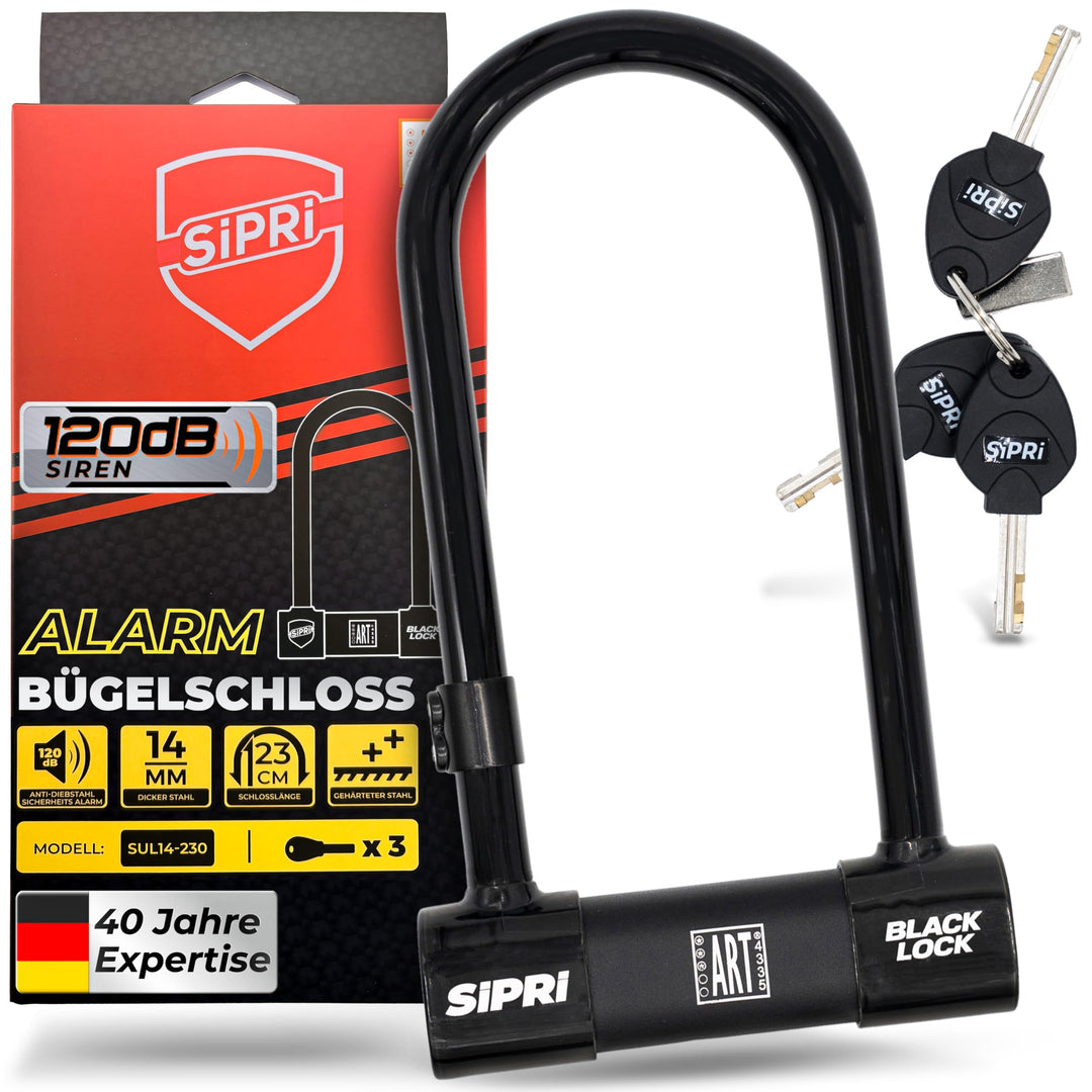 SIPRI® Fahrradschloss mit Alarm 120 dB | Gehärtetes Bügelschloss für E-Bike | E-Scooter & Motorrad |