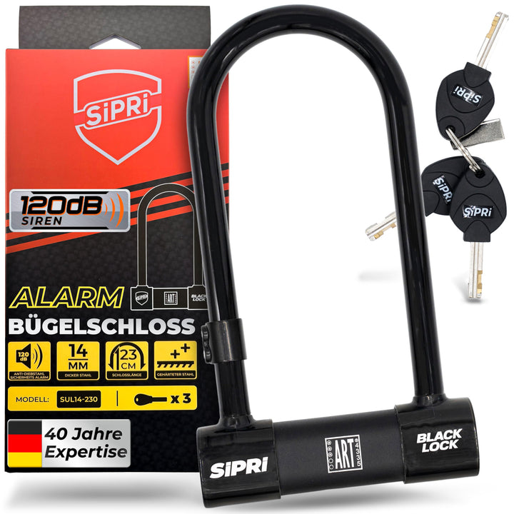 SIPRI® Fahrradschloss mit Alarm 120 dB | Gehärtetes Bügelschloss für E-Bike | E-Scooter & Motorrad |