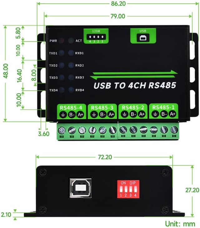 Industrietauglicher USB-zu-4-Kanal-RS485-Konverter, Schutzschaltung unterstützt Wandmontage/Führungs