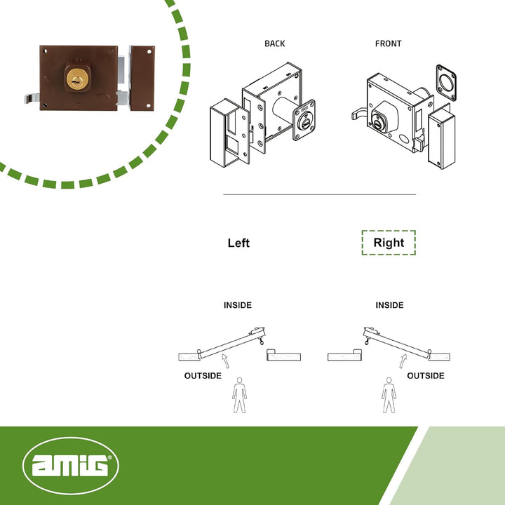 Amig - Aufschraubschloss DIN rechts mit Schliesshebel, Falle und Ziehgriff für Holztüren Mod. 72-100