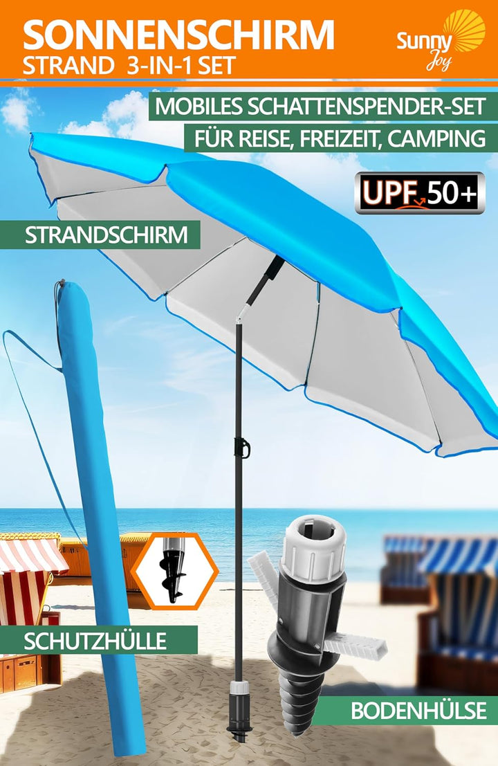 4smile Sonnenschirm Strand SunnyJoy 3-IN-1-SET, Fb. Blau - Strandschirm Ø 200 cm + Bodenhülse + Schu