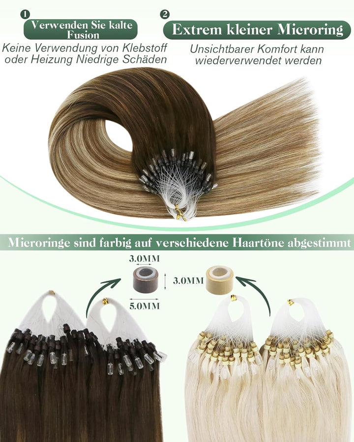 Ugeat 45cm Microring Haarverlängerung Echthaar Balayage Dunkelbraun zu Mittelbraun und Bleichblond 4