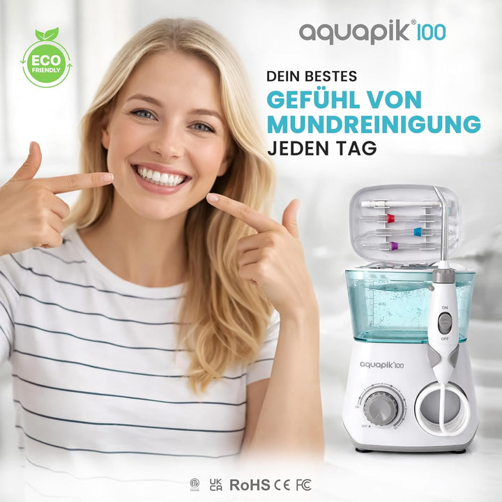 Aquapik® DUO Munddusche Aquapik® 100 Desktop + Aquapik® Mini, tragbar, von Zahnärzten empfohlen + Pl