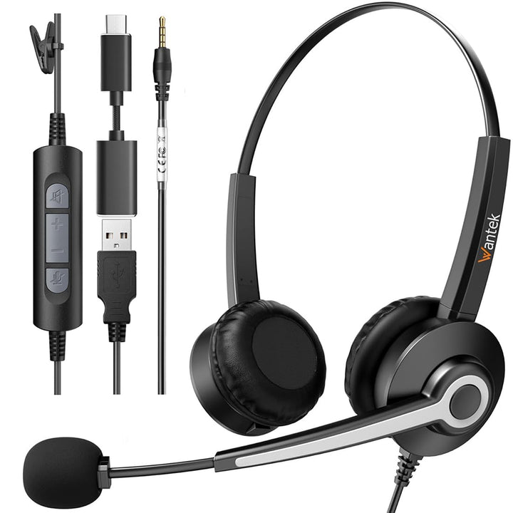Wantek Stereo-Headset,schnurgebunden,USB-A,Mikrofon mit Noise Cancelling-ganztägiger Komfort-USB-A:P