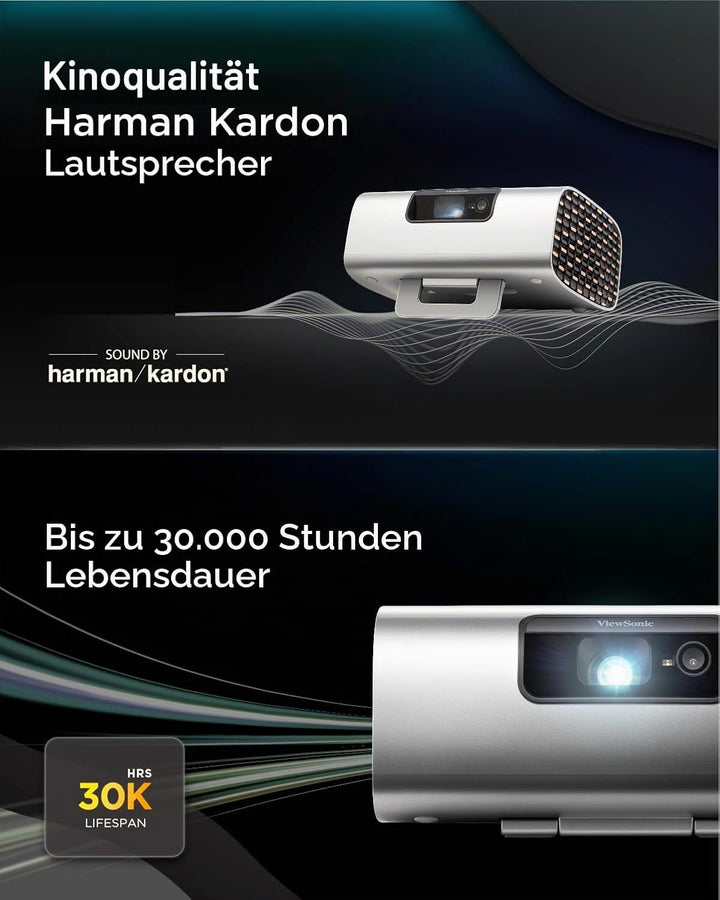 ViewSonic M10 Tragbarer RGB Laser Smart Projektor mit Harman Kardon Lautsprecher, Silber, M10