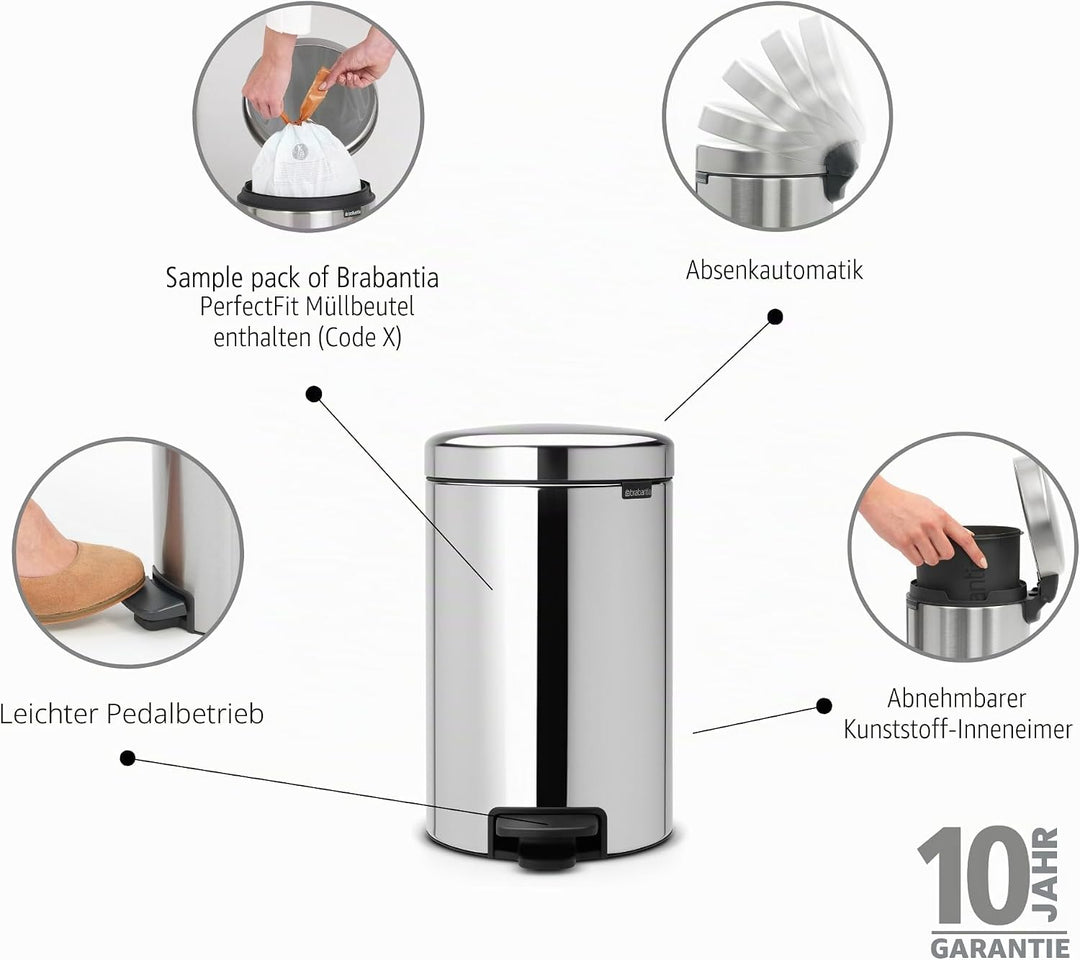 Brabantia 113581 Treteimer mit Inneneimer aus Kunststoff, stahl, Brilliant Stahl, 12 Liter 12 Liter