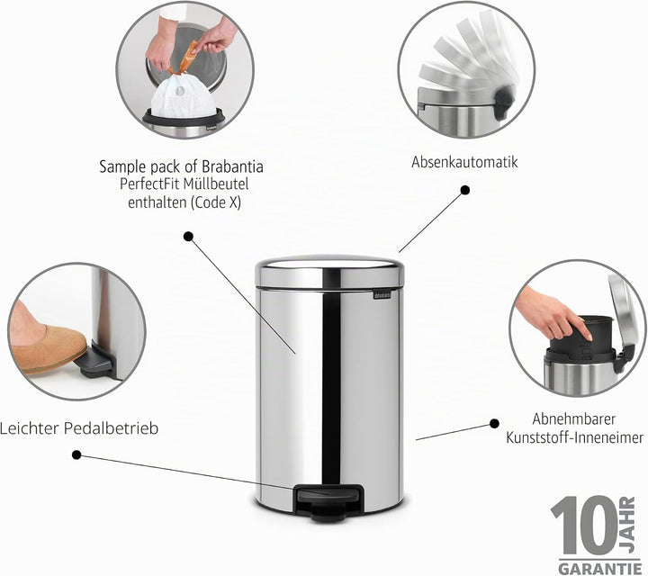 Brabantia 113581 Treteimer mit Inneneimer aus Kunststoff, stahl, Brilliant Stahl, 12 Liter 12 Liter