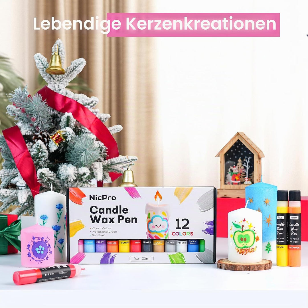 Nicpro Kerzenstifte 12 Farben X 30 ml, Wachsstifte für Kerzen, 3D Kerzenwachs Stift Inklusive Glitze