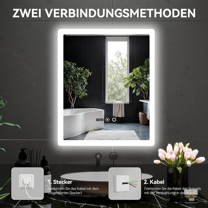 YOURLITE Badspiegel mit LED Beleuchtung 50x60cm, Badezimmerspiegel mit Touchschalter, Spiegel Bad Wa