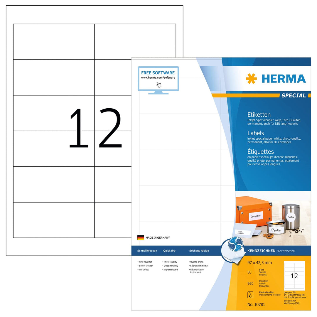 HERMA 10781 Adressetiketten für Inkjet Drucker, 80 Blatt, 97 x 42,3 mm, 12 Stück pro A4 Bogen, 960 A