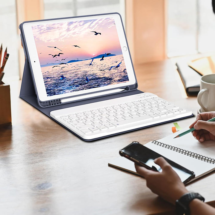 Hülle mit Tastatur für iPad 9./8./7. Generation 10,2 Zoll 2021/2020/2019, Abnehmbare kabellose Keybo