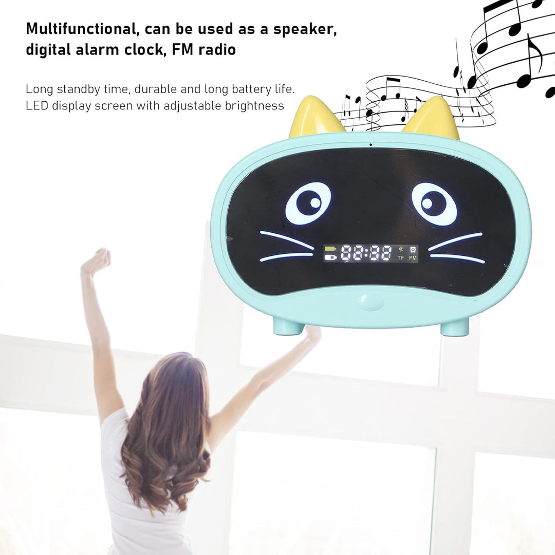 Bluetooth-Lautsprecher, Kleiner Radiowecker für Schlafzimmer, Doppelalarm, LED-Anzeige, Süsses Katze