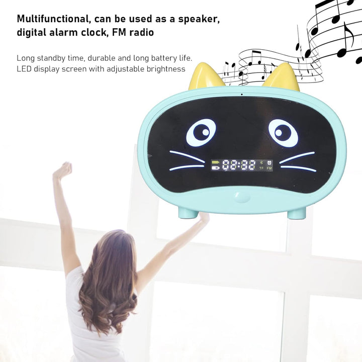 Bluetooth-Lautsprecher, Kleiner Radiowecker für Schlafzimmer, Doppelalarm, LED-Anzeige, Süsses Katze