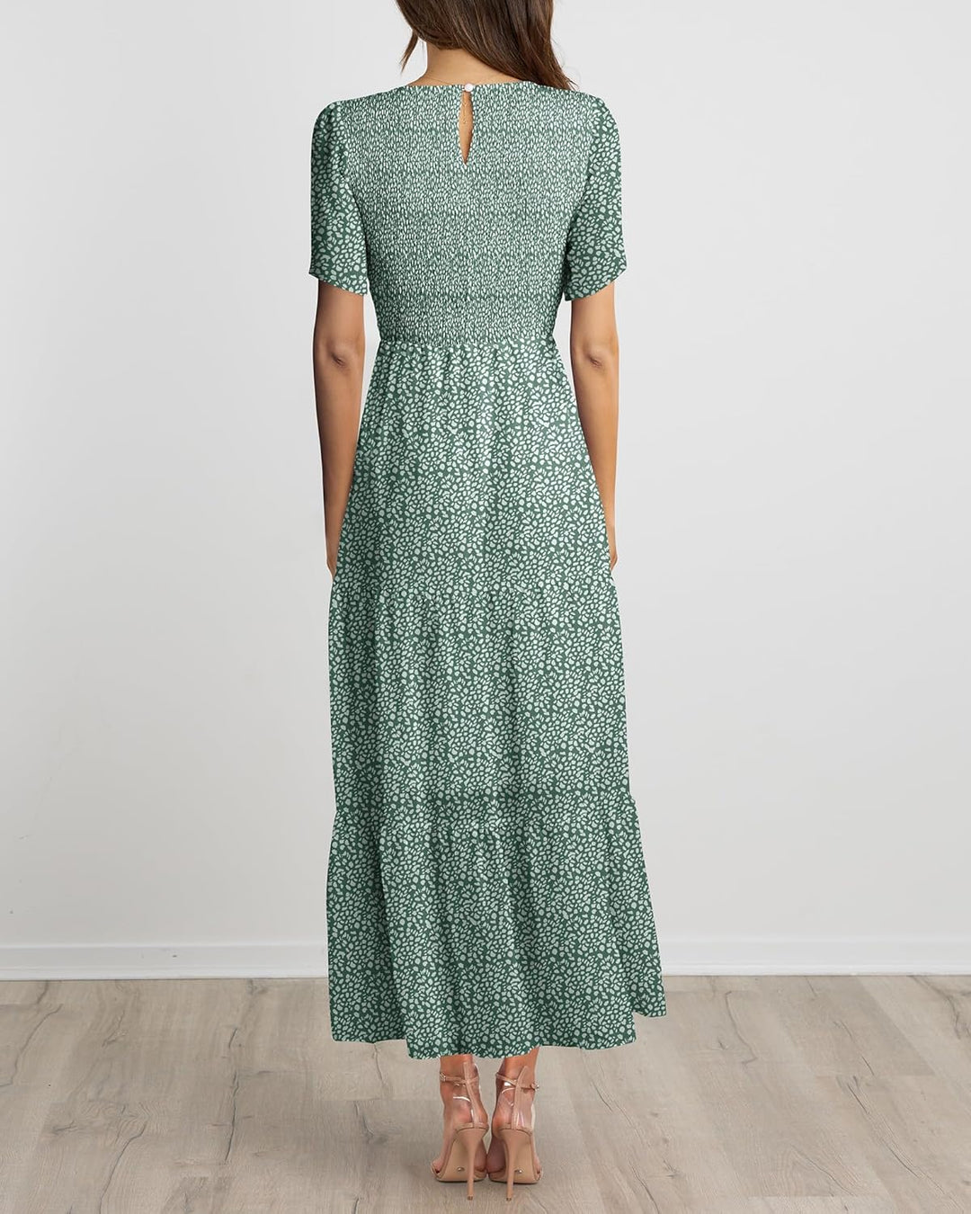 BTFBM Lässiges Sommerkleid für Damen, kurzärmelig, mit Rundhalsausschnitt, Boho-Stil, mit Blumendruc