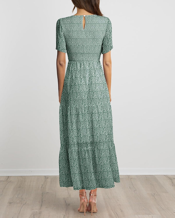 BTFBM Lässiges Sommerkleid für Damen, kurzärmelig, mit Rundhalsausschnitt, Boho-Stil, mit Blumendruc