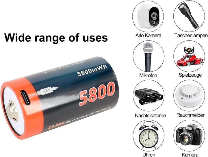 PowerSmart® Akkus (4 Pack) 5800mWh 1.5V LR20 Mono D USB-C Batterie, wiederaufladbar, mit 4-in-1 USB