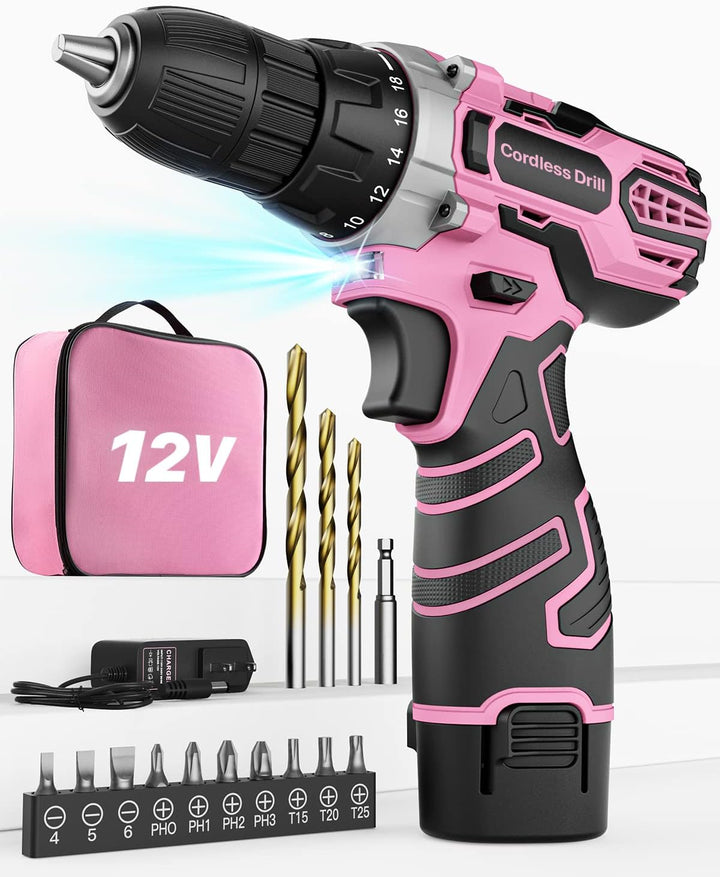 Akkuschrauber 12V Pink Rosa, Akkubohrer Klein, Akku Bohrschrauber Set mit 15 Zubehör und Tasche, 18+