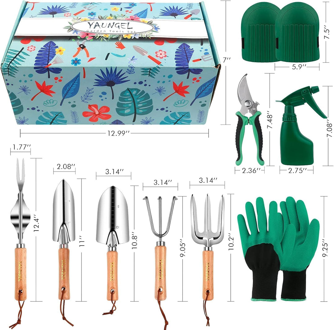 YAUNGEL Gartenwerkzeug Set, 10 Stück Schwerlast Edelstahl Gartenarbeit Kit mit Non-Slip Holzgriff- G