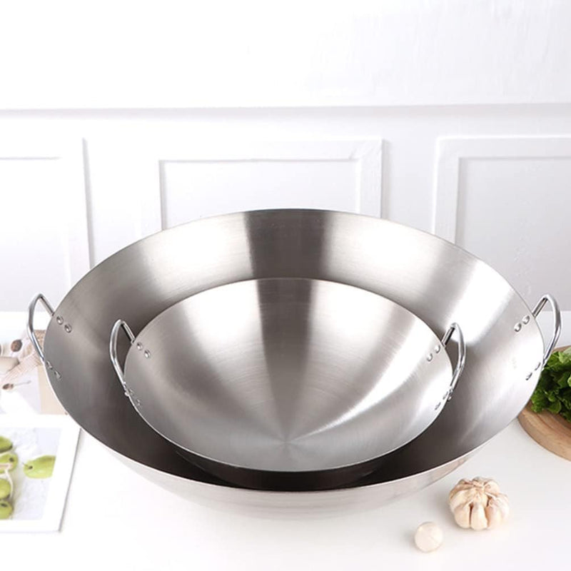 NUOBESTY 28 cm Doppelgriff-Wok-Edelstahl-Wok-Bratpfanne Mit Grosser Kapazität Bratpfanne Rundboden-W