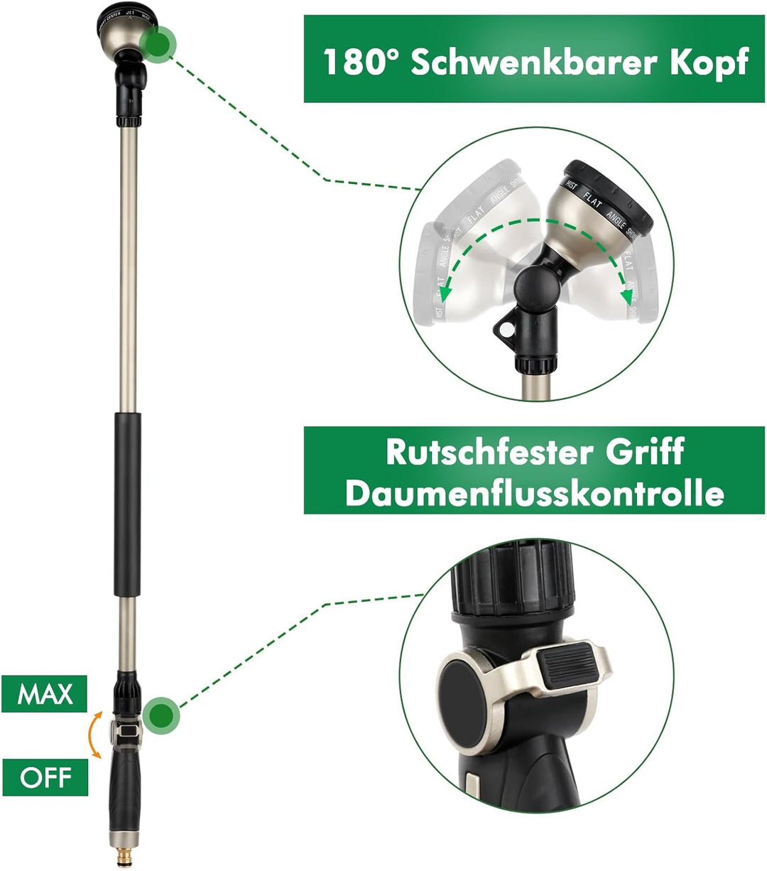 RESTMO 92 cm Untra Langer Giessstab, Gartenbrause Metall mit 180° schwenkbaren Kopf | 10 Sprühmuster