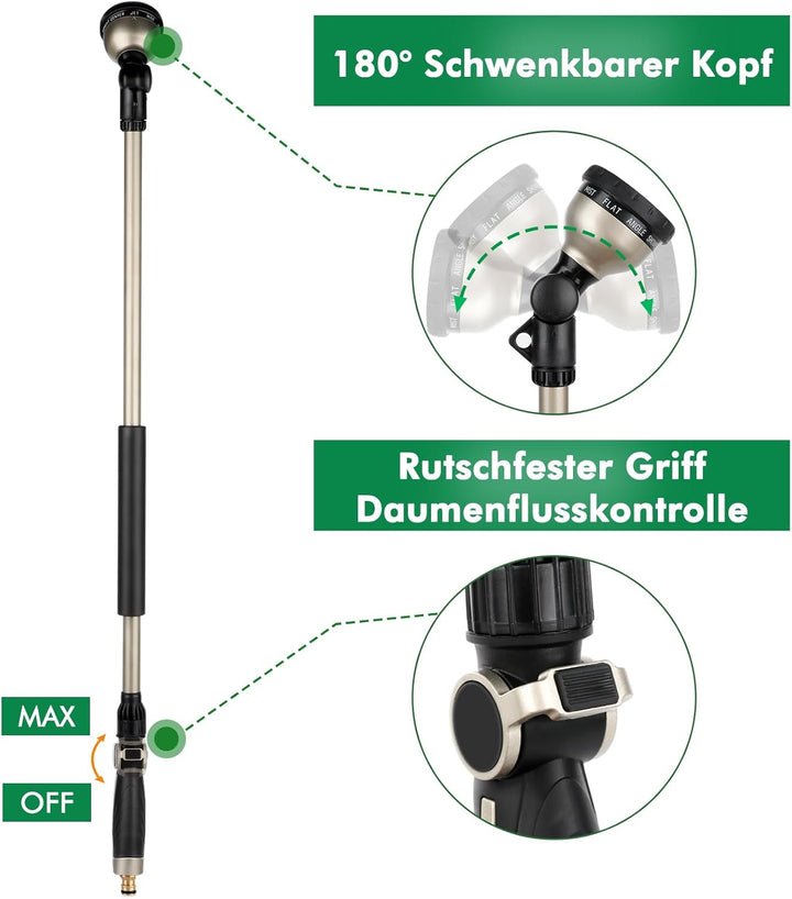 RESTMO 92 cm Untra Langer Giessstab, Gartenbrause Metall mit 180° schwenkbaren Kopf | 10 Sprühmuster