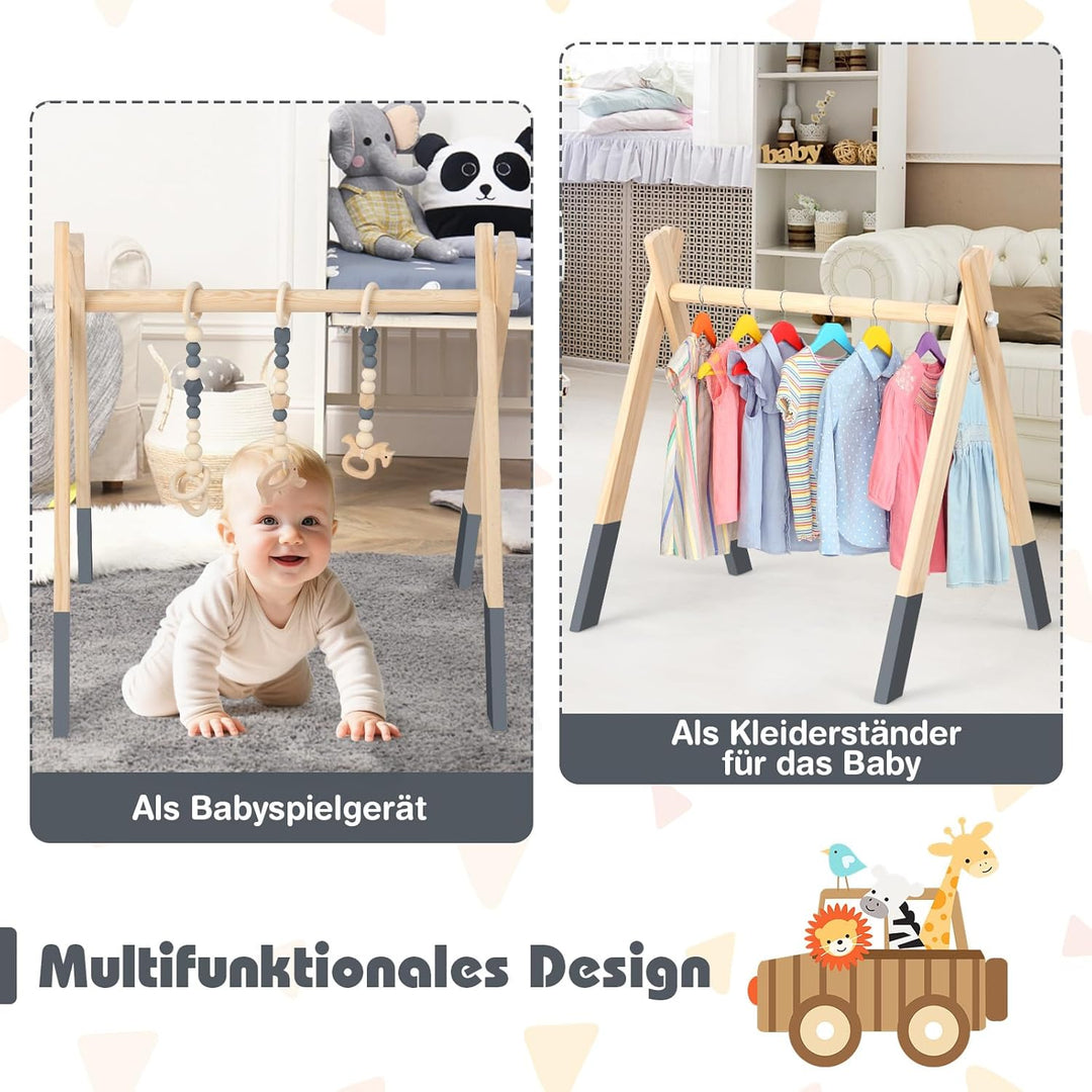 COSTWAY Baby Spielbogen Holz, Spieltrapez klappbar, Baby Gym mit 3 abnehmbaren Kinderspielzeugen, Sp