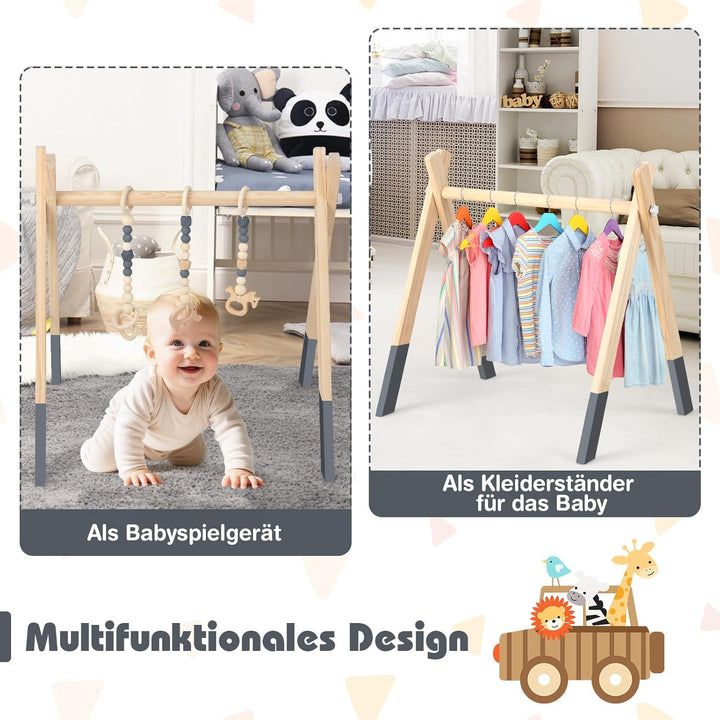 COSTWAY Baby Spielbogen Holz, Spieltrapez klappbar, Baby Gym mit 3 abnehmbaren Kinderspielzeugen, Sp