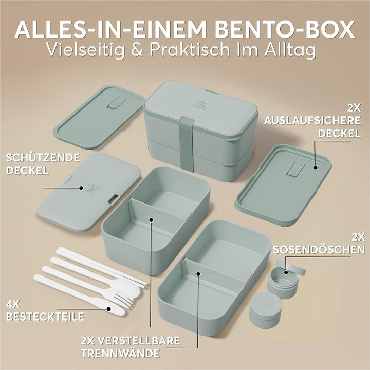 Umami Lunchbox Erwachsene, Verschachtelbar Auslaufsichere Bento Box mit 4 Bestecke & Fächern, Brotdo