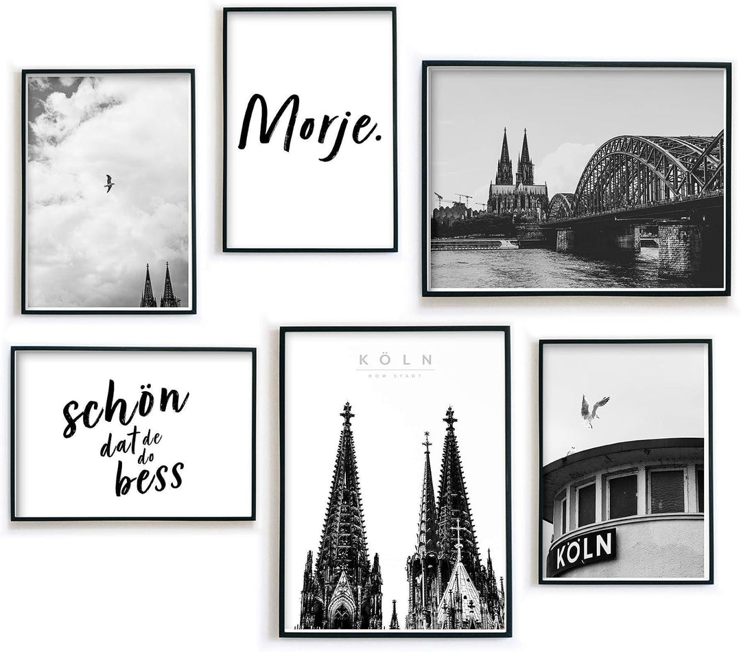 Köln Bilder Set - Schwarz Weiss - 6er Set Köln Poster - Cologne - Dom - Köln Spruch - Wohnzimmer Bil