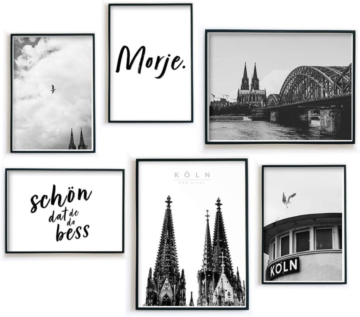Köln Bilder Set - Schwarz Weiss - 6er Set Köln Poster - Cologne - Dom - Köln Spruch - Wohnzimmer Bil