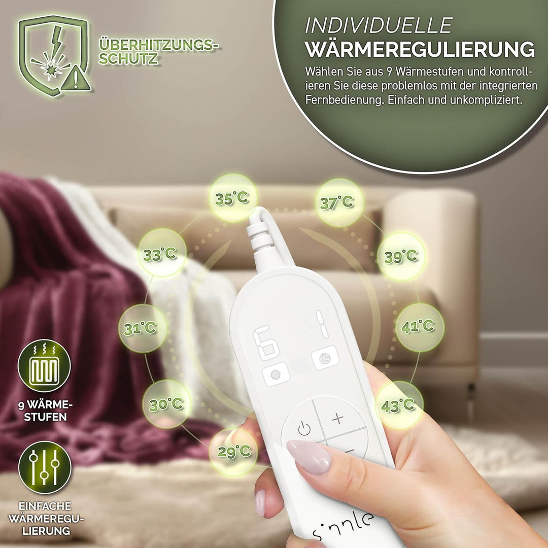 Heizdecke mit Abschaltautomatik 180 x 130 cm | Elektrische Wärmedecke mit 9 Temperaturstufen | Kusch