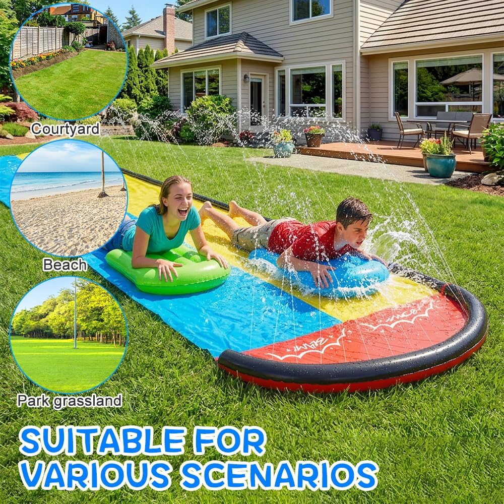 Double Wasserrutsches mit 2 Bodyboards, 19.6ft/600cm Wasserrutsche Garten für Kinder, Wasserrutsche