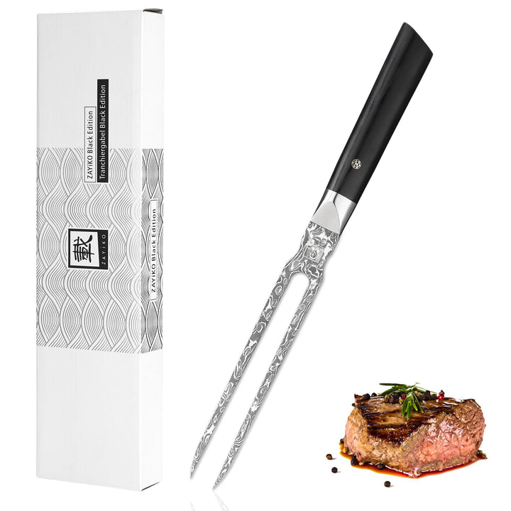 zayiko Black Edition Damastmesser Tranchiergabel I 18 cm Zinken aus 67 Lagen VG10 Damaststahl I Ergo