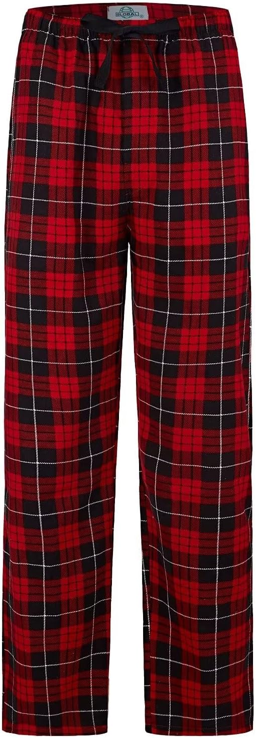 GLOBAL Herren Schlafanzughose 100% Baumwolle Flanell S Rot Kariert & Blau Kariert, S Rot Kariert & B