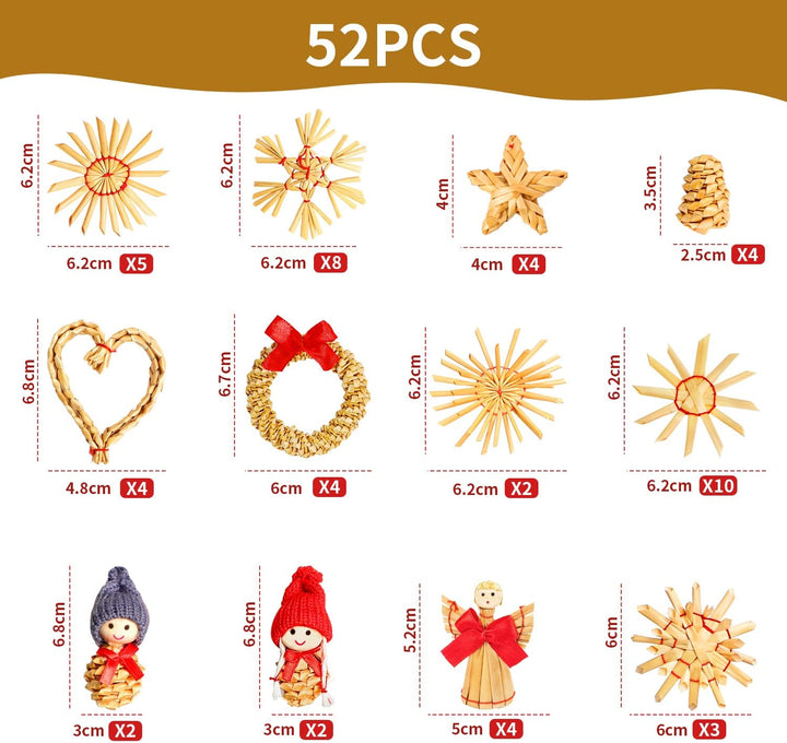 Strohsterne Weihnachtsbaum, 52 Stück Weihnachtlicher Baumschmuck Stroh Anhänger Strohstern, Christba