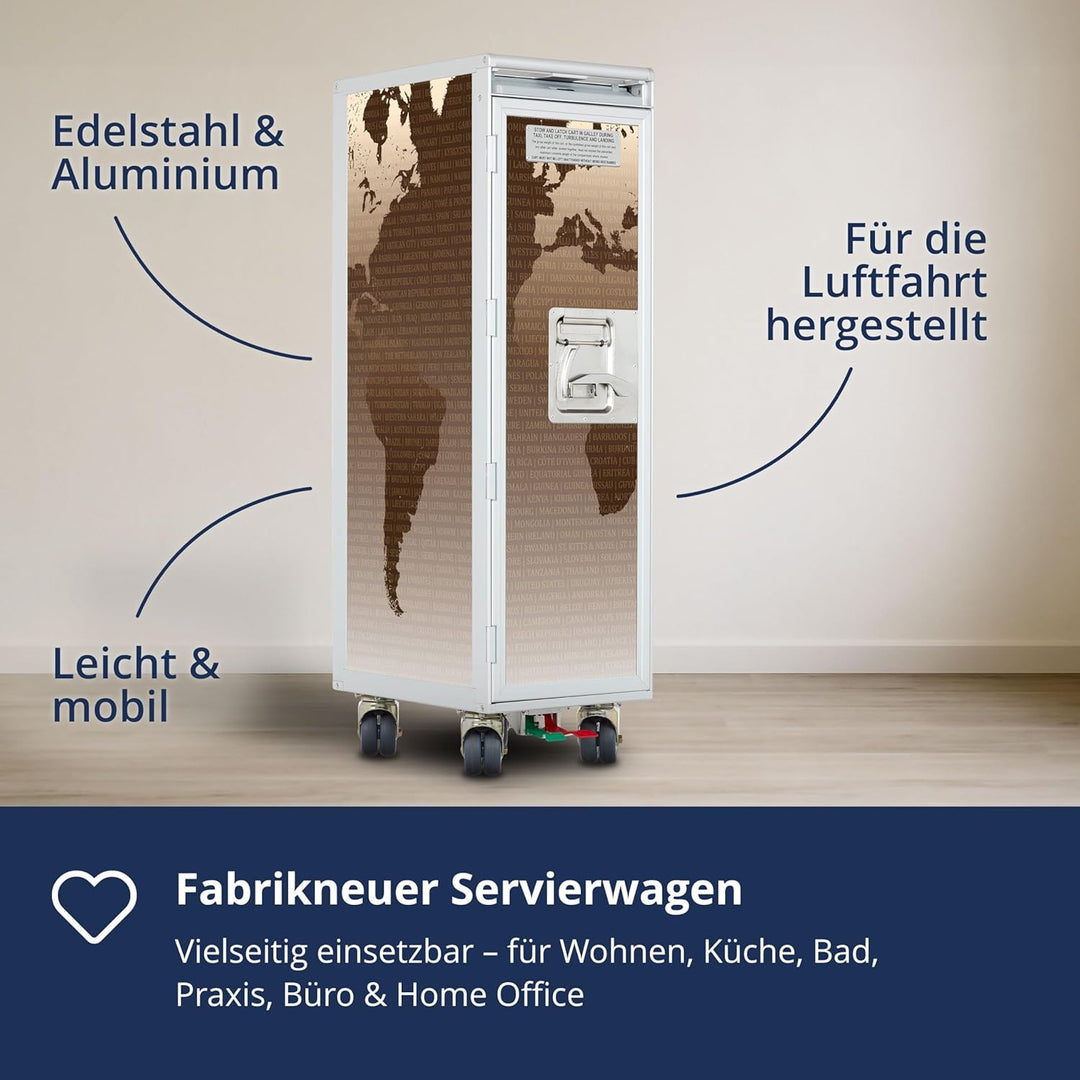 Airline Trolley Weltkarte, Küchenwagen mit Rollen, Büroschrank Metall, Industrial Möbel, Norm: Atlas