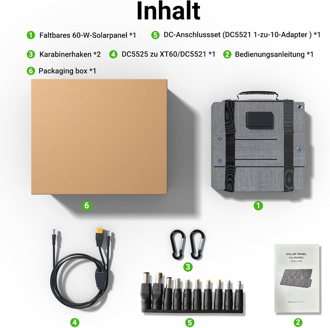 60W Solarpanel Faltbar, Tragbares Outdoor Solar Ladegerät IP67 Wasserdichtes mit 3 Anschlüsse (USB-C