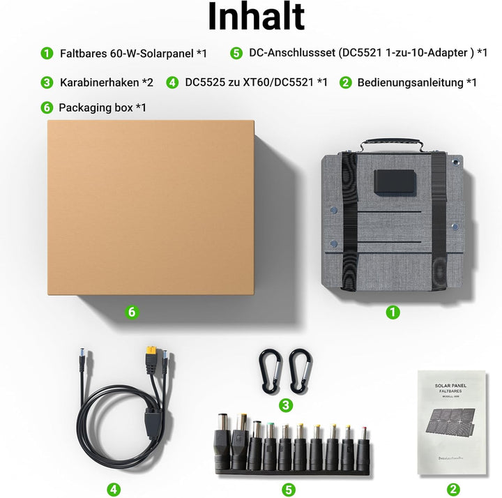 60W Solarpanel Faltbar, Tragbares Outdoor Solar Ladegerät IP67 Wasserdichtes mit 3 Anschlüsse (USB-C