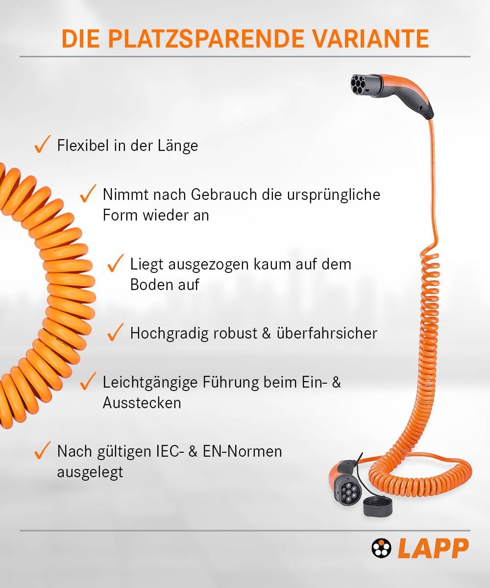Lapp Mobility Typ 2 Ladekabel 11 KW/Spiralkabel / 20 A / 3-Phasig/E-Auto Ladekabel/Mode 3 / 5m