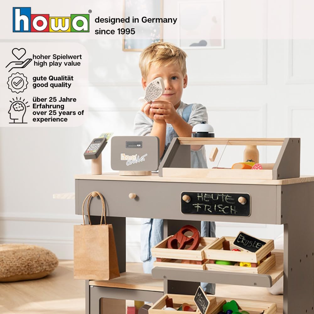 howa Kaufladen - Kaufmannsladen aus Holz, mit Spielkasse und Spielzeugkartenleser, Tafel für Kreide,