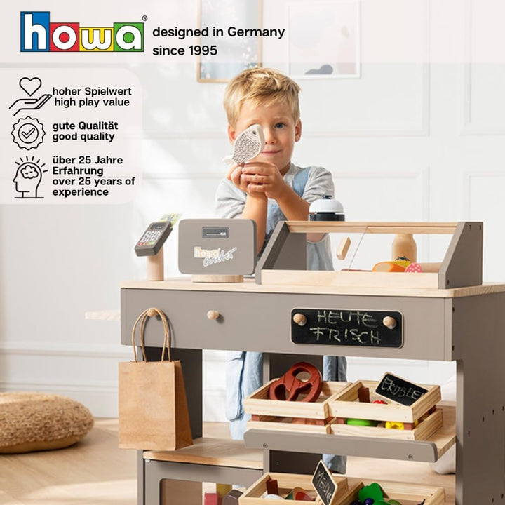 howa Kaufladen - Kaufmannsladen aus Holz, mit Spielkasse und Spielzeugkartenleser, Tafel für Kreide,