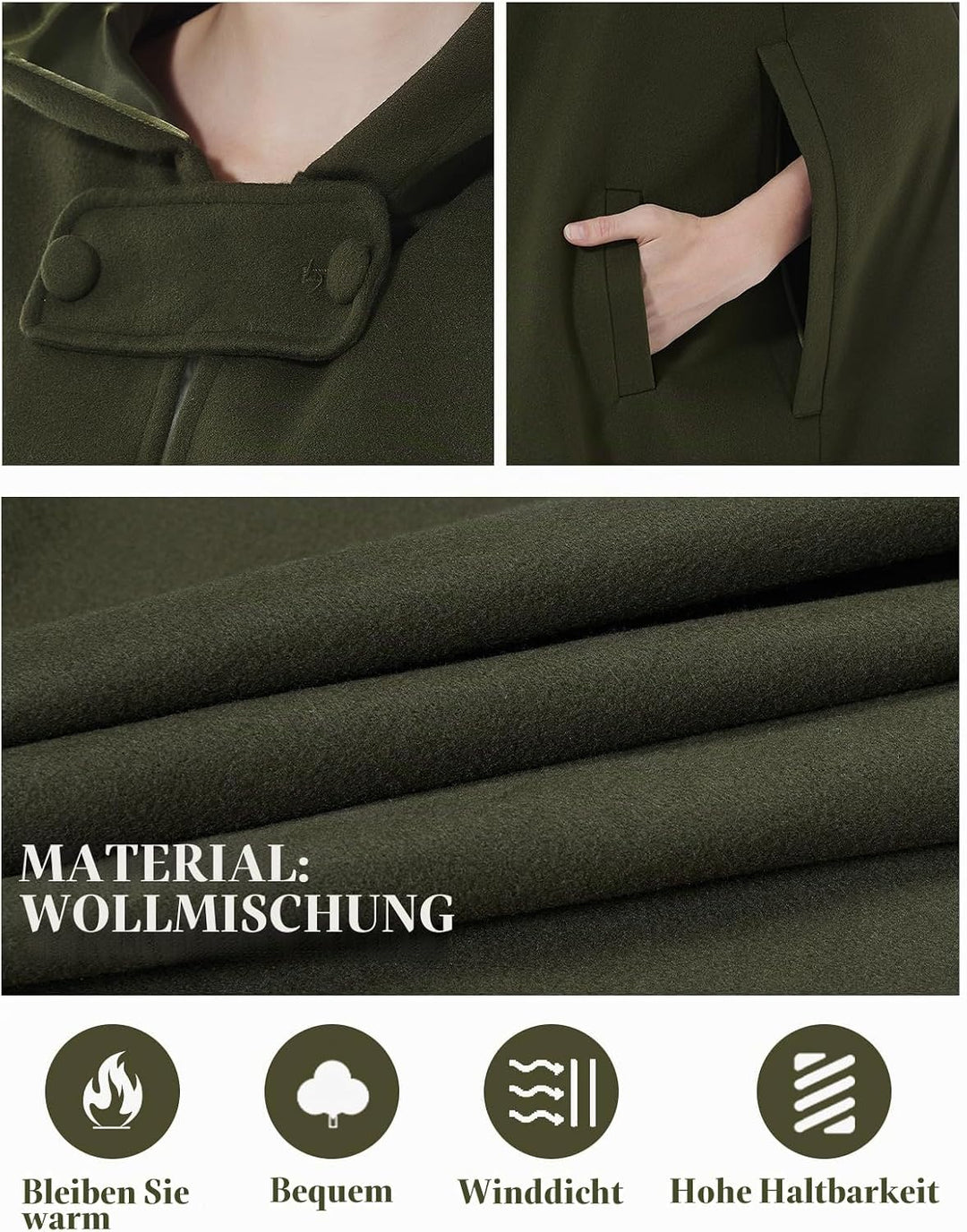 BEAUTELICATE Umhang mit Kapuze Mantel Wollmischung Damen Poncho Cape Lose Trenchcoat Outwear Hochzei