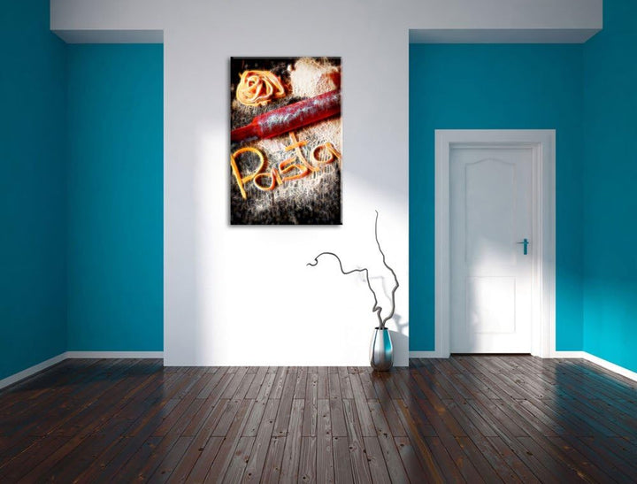 Pasta mit Nudelholz und Mehl abstrakt Format: 100x70 auf Leinwand, XXL riesige Bilder fertig gerahmt